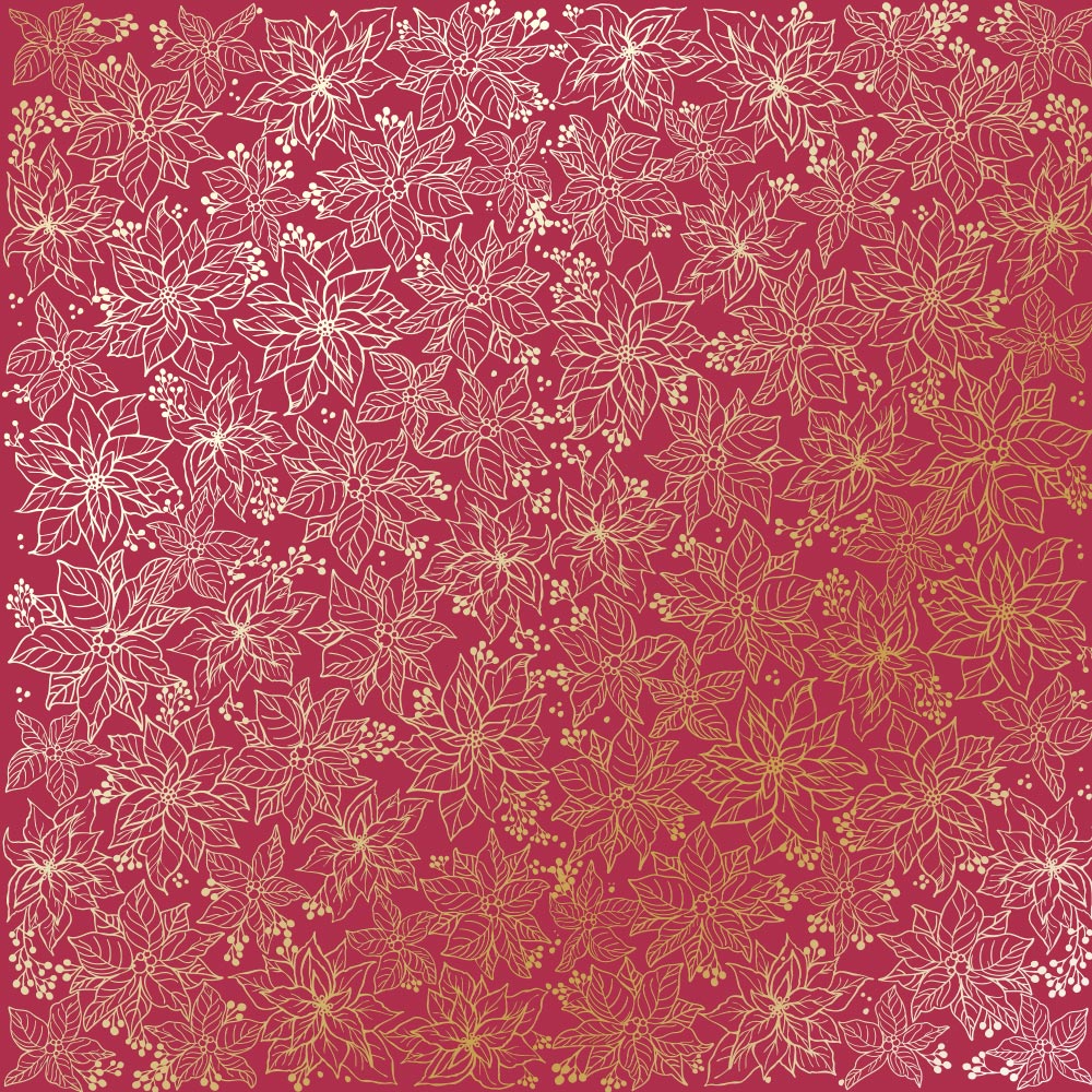 Sheet of single-sided paper with gold foil embossing, pattern Golden Poinsettia Blackberry, 12"x12"