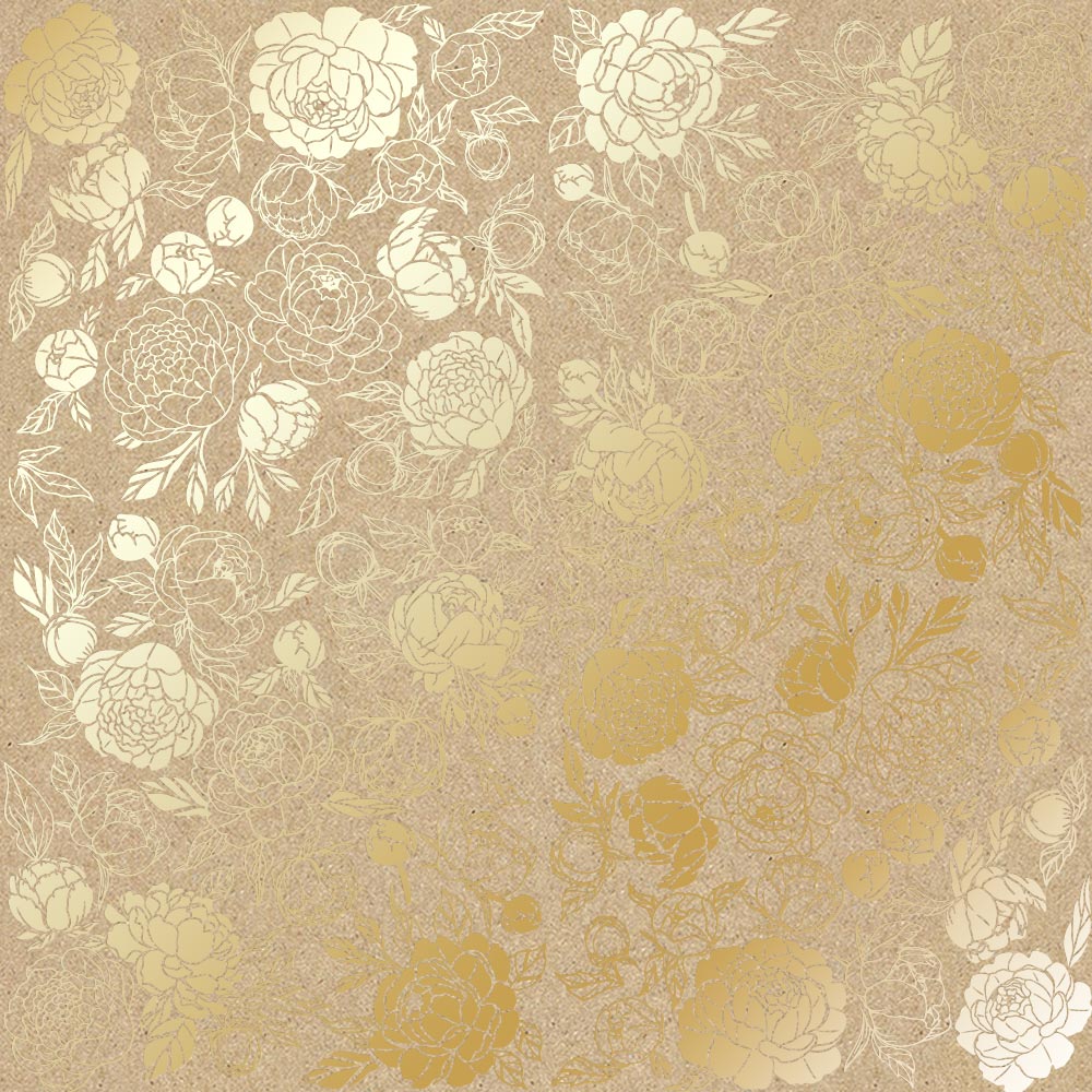 Arkusz papieru jednostronnego wytłaczanego złotą folią, wzór Golden Peony Passion Kraft 30,5x30,5cm  - Fabrika Decoru