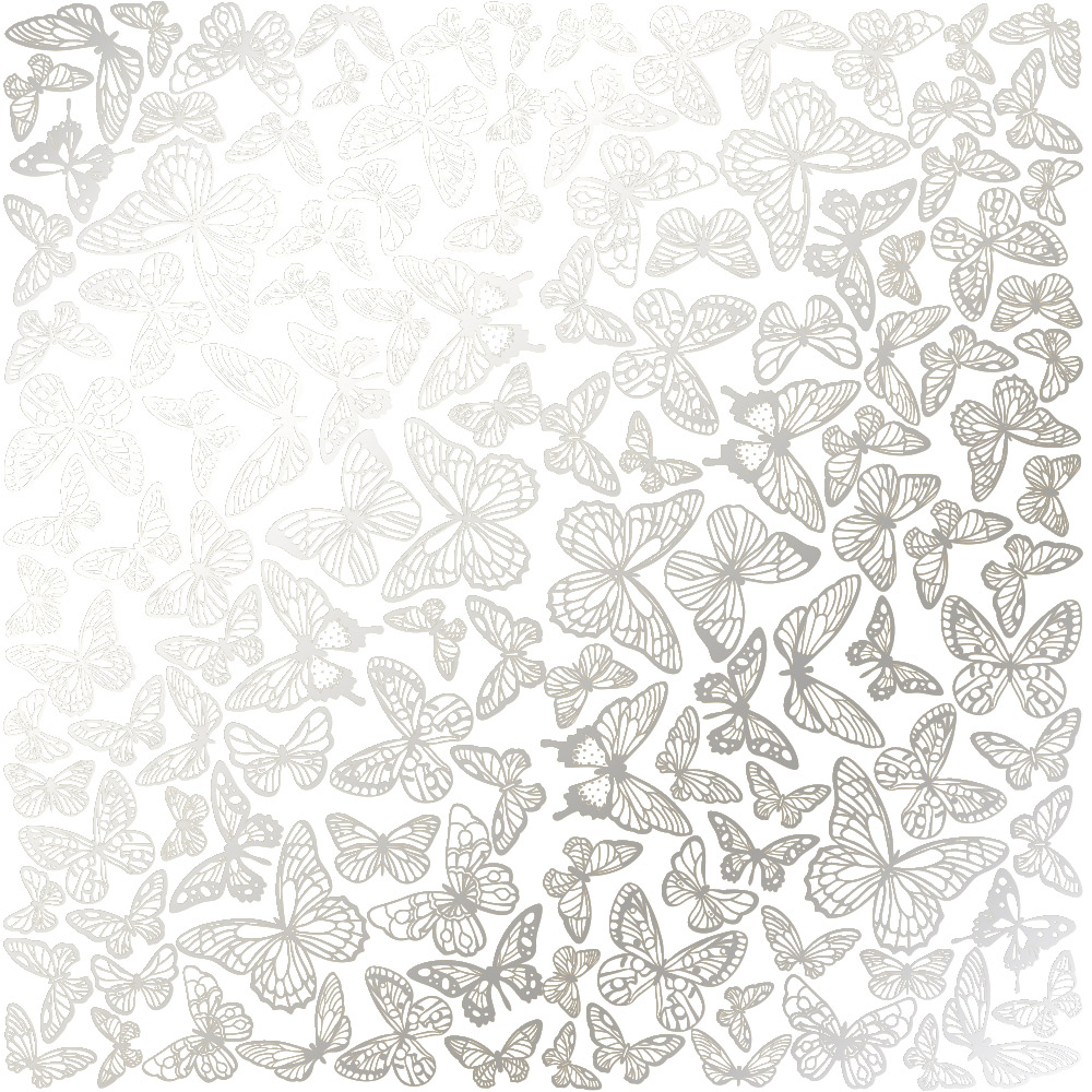 Einseitig bedrucktes Blatt Papier mit Silberfolie, Muster Silberne Schmetterlinge, Weiß, 30,5 x 30,5 cm - Fabrika Decoru