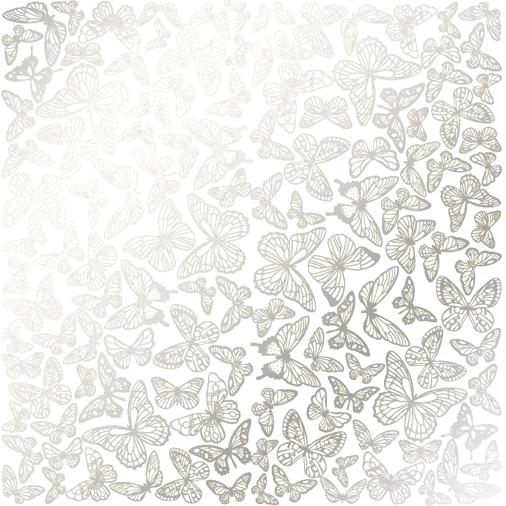 Sheet of single-sided paper embossed with silver foil, pattern Silver Butterflies White 12"x12" 