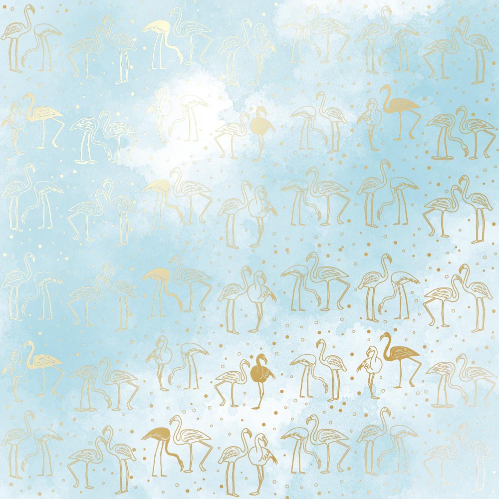 Einseitig bedrucktes Blatt Papier mit Goldfolienprägung, Muster Goldener Flamingo, Farbe Azurblau, 30,5 x 30,5 cm - Fabrika Decoru