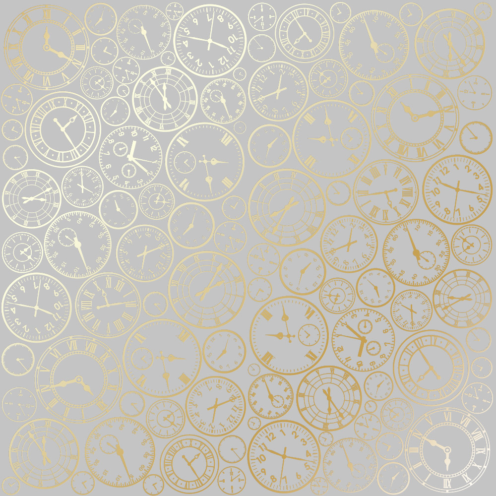 Sheet of single-sided paper with gold foil embossing, pattern Golden Clocks Gray 12"x12" 