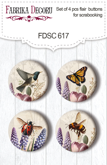 Set mit 4 Flair-Buttons zum Scrapbooking, Spring Botanical Story, #617 - Fabrika Decoru