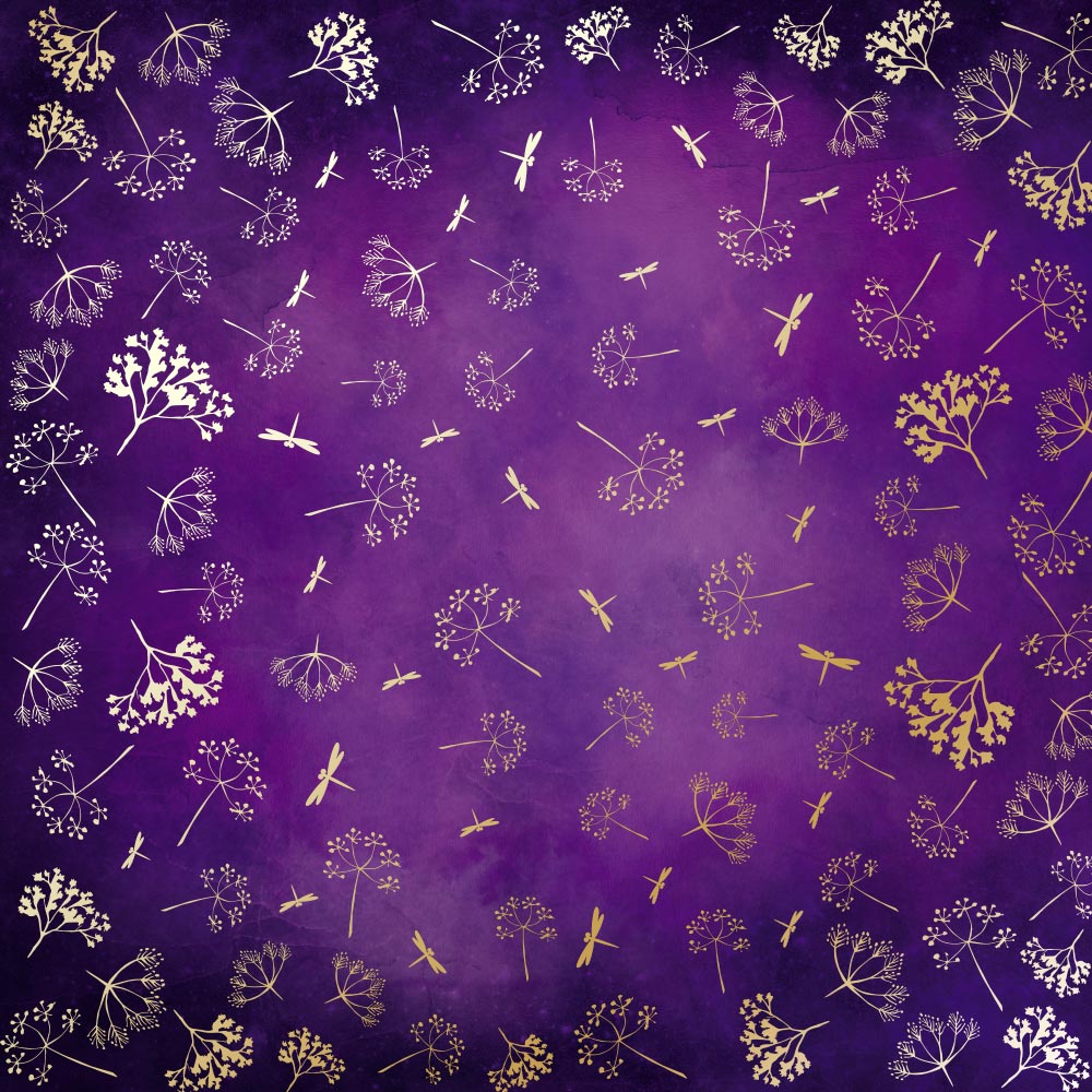 Blatt einseitiges Papier mit Goldfolienprägung, Muster Golden Dill, Farbe Violett Aquarell, 12"x12" - Fabrika Decoru