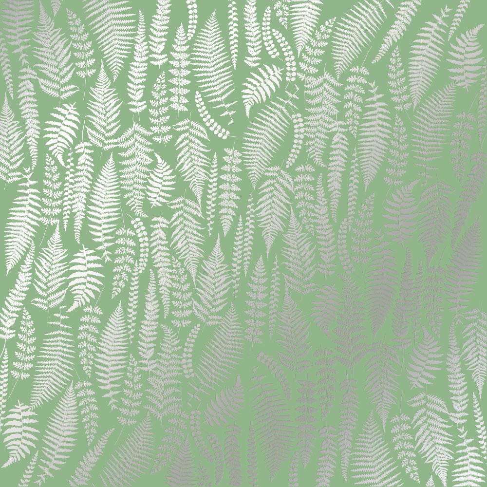 Sheet of single-sided paper embossed with silver foil, pattern Silver Fern, color Avocado 12"x12" 