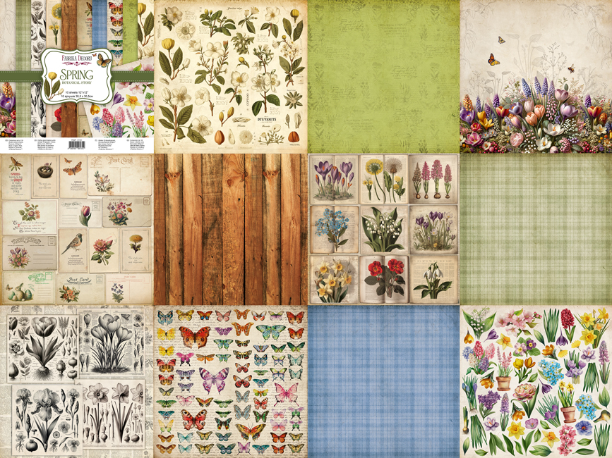Double-sided scrapbooking paper set Spring botanical story 12” x 12" (30.5cm x 30.5cm), 10 sheets - foto 0
