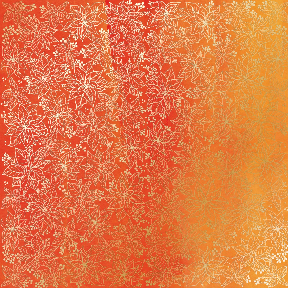 Sheet of single-sided paper with gold foil embossing, pattern Golden Poinsettia Yellow-orange aquarelle, 12"x12"