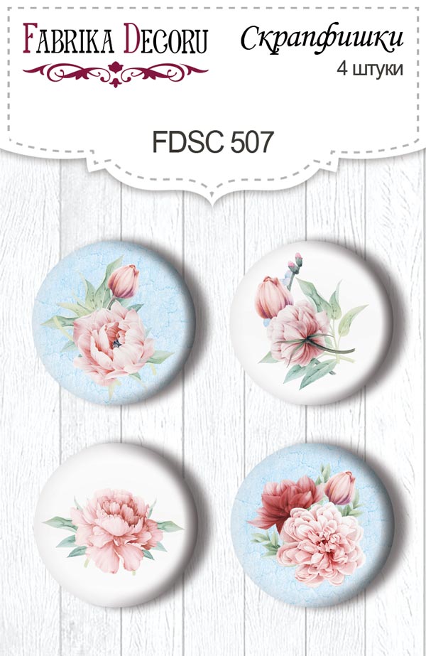 Set mit 4 Flair-Buttons zum Scrapbooking von Pfingstrosengarten #507 - Fabrika Decoru