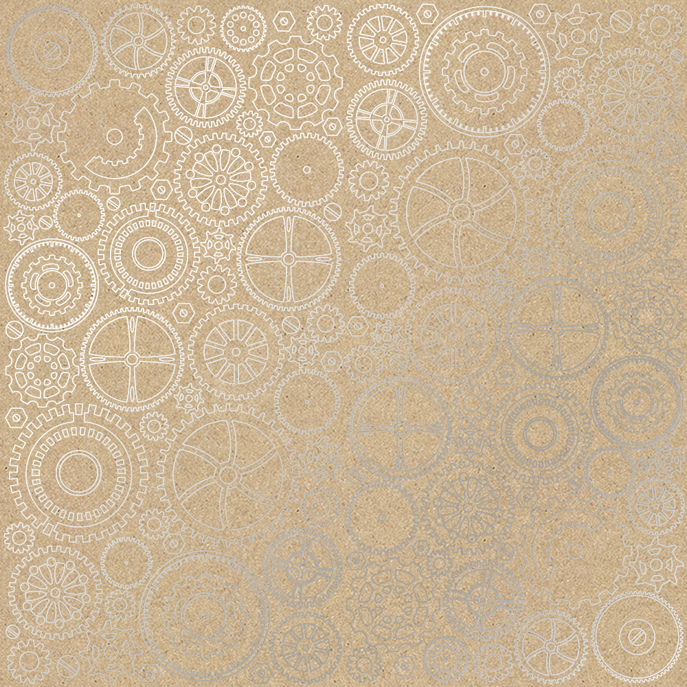 Sheet of single-sided paper embossed with silver foil, pattern Silver Gears Kraft 12"x12" 