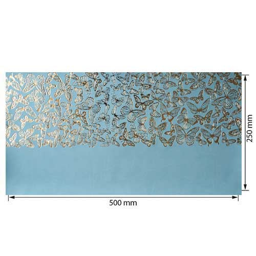 Stück PU-Leder mit Goldprägung, Muster Goldene Schmetterlinge Blau, 50cm x 25cm - foto 0  - Fabrika Decoru