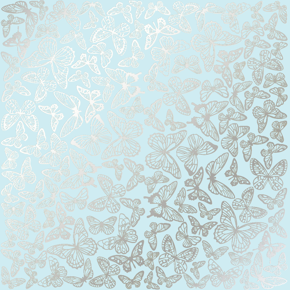 Einseitig bedrucktes Blatt Papier mit Silberfolie, Muster Silberne Schmetterlinge Blau 12"x12" - Fabrika Decoru