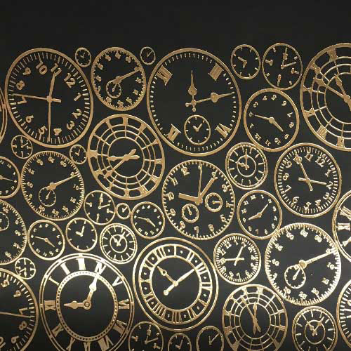 Skóra PU do oprawiania ze złotym tłoczeniem, wzór Golden Clocks Black, 50cm x 25cm  - foto 1  - Fabrika Decoru