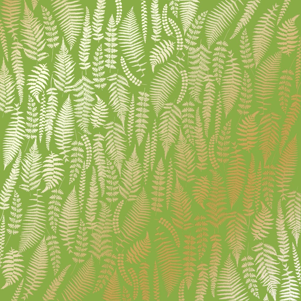 Blatt aus einseitigem Papier mit Goldfolienprägung, Muster Goldfarn, Farbe Hellgrün - Fabrika Decoru