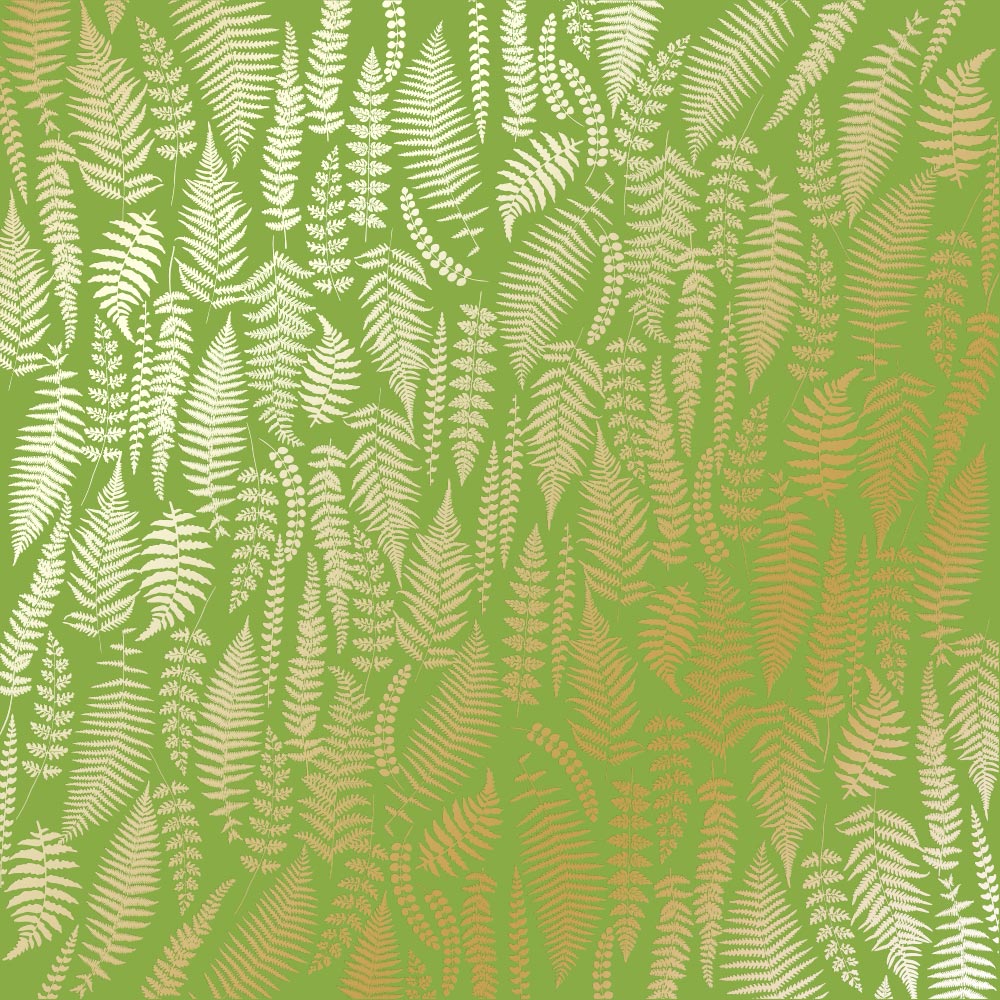 Sheet of single-sided paper with gold foil embossing, pattern Golden Fern, color Bright green