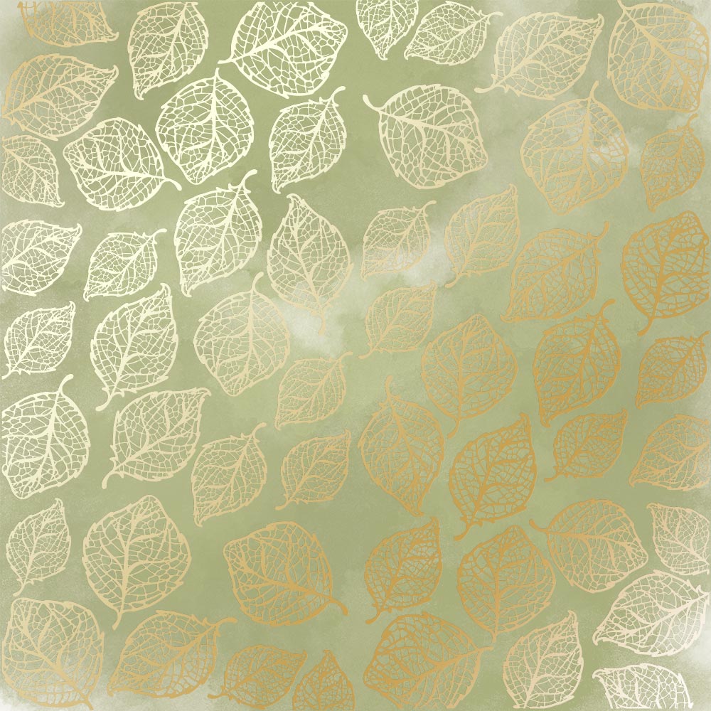 Sheet of single-sided paper with gold foil embossing, pattern Golden Delicate Leaves, color Olive watercolor, 12"x12"