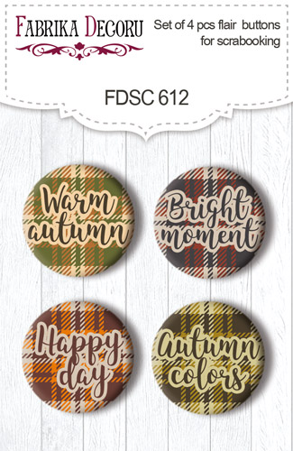 Set mit 4 Flair-Buttons zum Scrapbooking Bright Autumn EN #612 - Fabrika Decoru