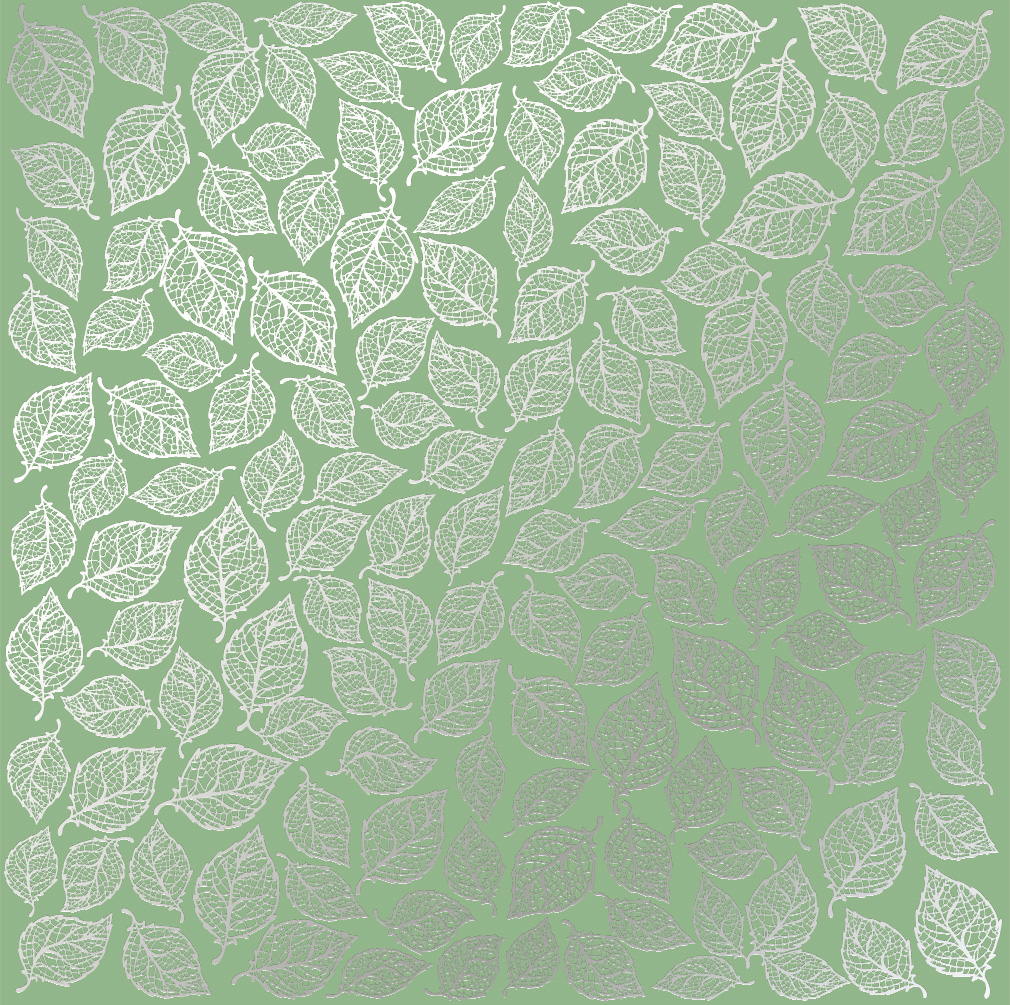 Sheet of single-sided paper embossed with silver foil, pattern Silver Leaves mini, color Avocado 12"x12" 