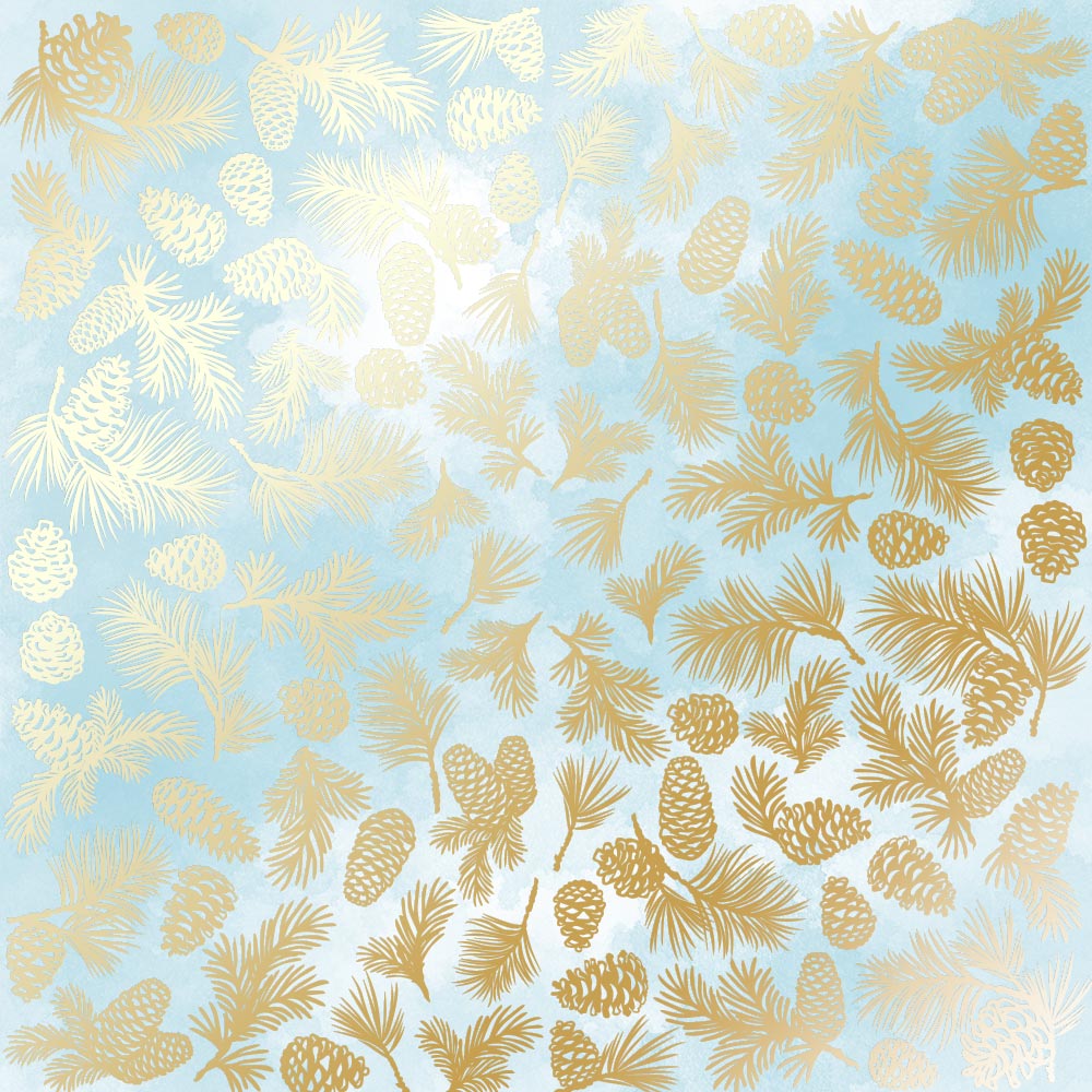 Bogen einseitiges Papier mit Goldfolienprägung, Muster „Goldene Tannenzapfen azurblau“ - Fabrika Decoru