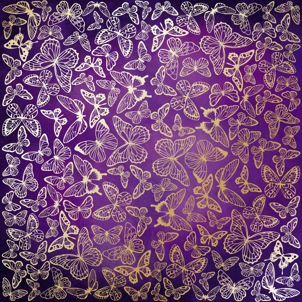 Einseitig bedruckter Papierbogen mit Goldfolienprägung, Muster "Goldene Schmetterlinge, Farbe Violett Aquarell" - Fabrika Decoru