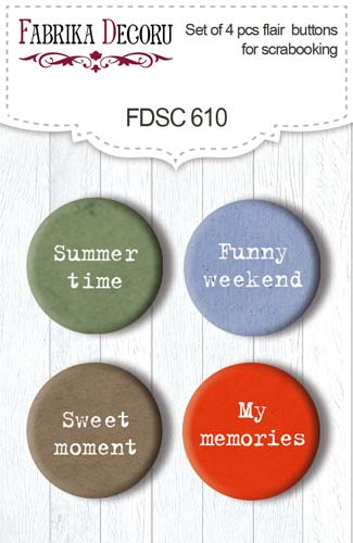 Set mit 4 Flair-Buttons zum Scrapbooking Summer botanical story EN #610 - Fabrika Decoru