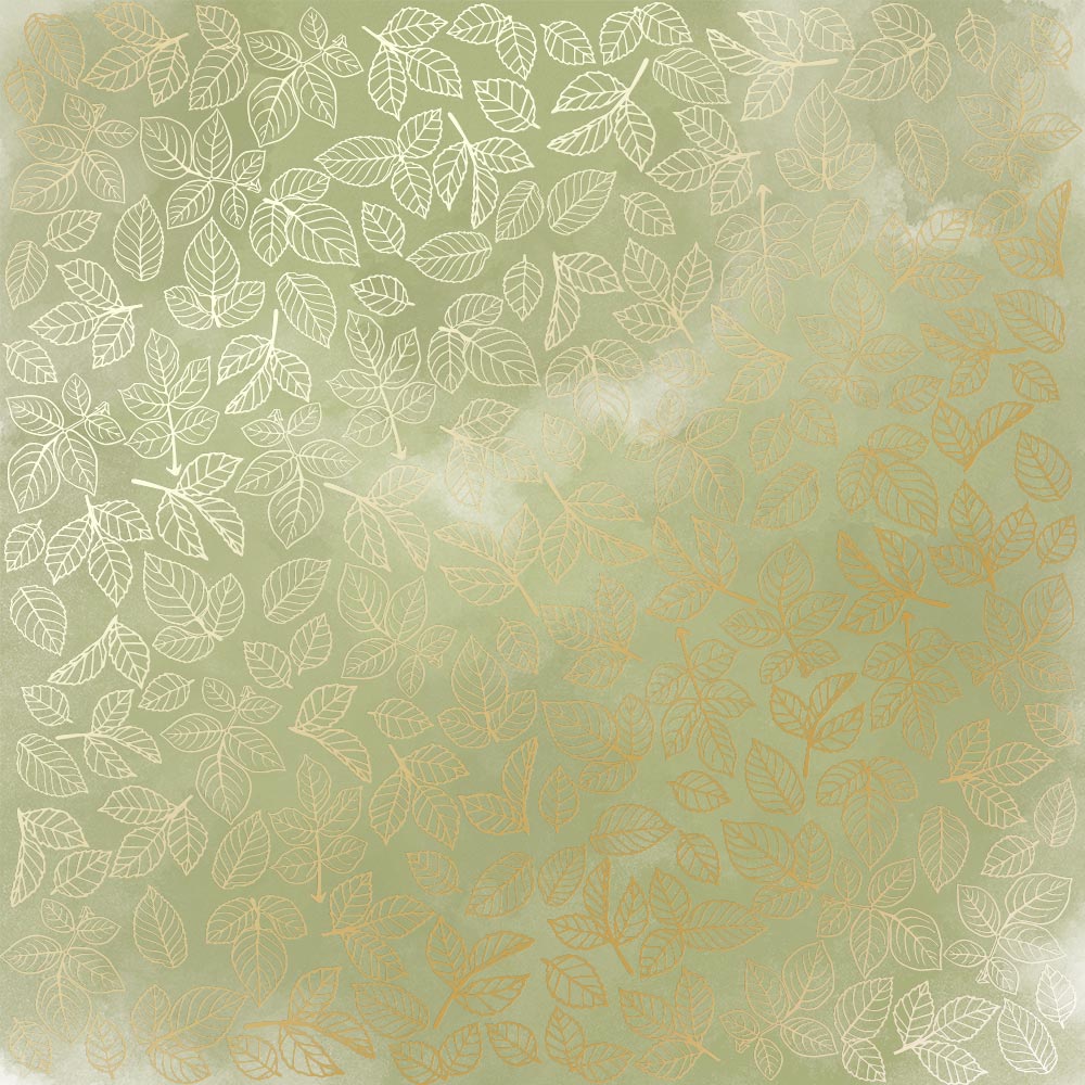 Arkusz papieru jednostronnego wytłaczanego złotą folią, wzór Golden Rose leaves, color Olive watercolor,  30,5х30,5cm - Fabrika Decoru