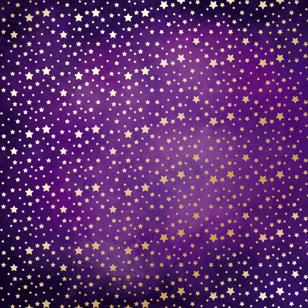 Blatt einseitig bedrucktes Papier mit Goldfolienprägung, Muster Goldene Sterne, Farbe Violett Aquarell, 12"x12" - Fabrika Decoru