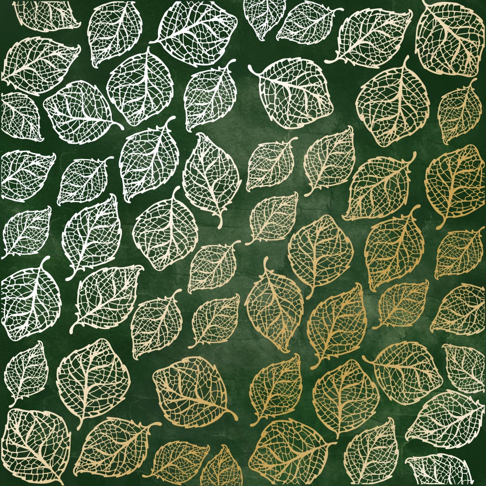 Sheet of single-sided paper with gold foil embossing, pattern Golden Delicate Leaves, color Dark green aquarelle, 12"x12"