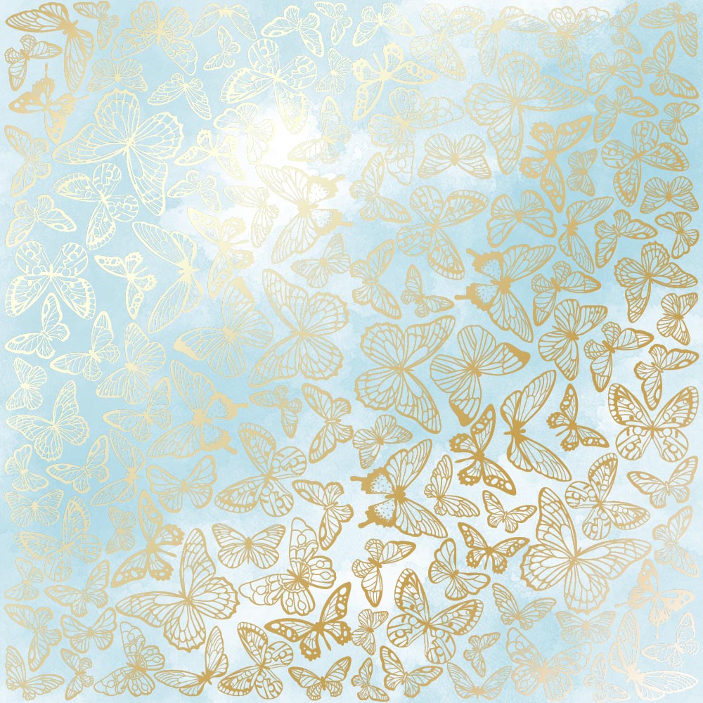 лист односторонней бумаги с фольгированием, дизайн golden butterflies, color azure watercolor, 30,5см х 30,5см