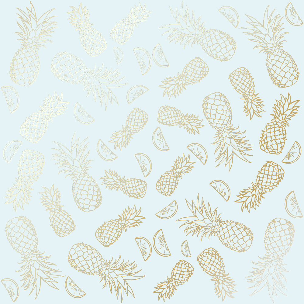 Blatt aus einseitigem Papier mit Goldfolienprägung, Muster Golden Ananas Blue, 12"x12" - Fabrika Decoru