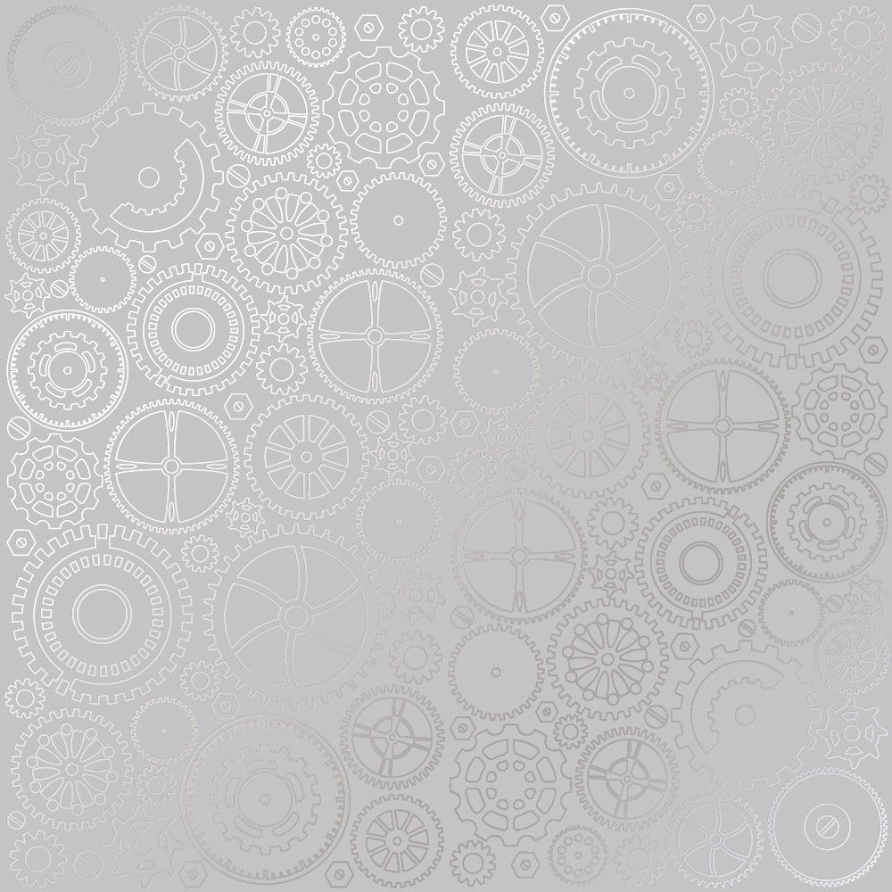 Sheet of single-sided paper embossed with silver foil, pattern Silver Gears Gray 12"x12" 