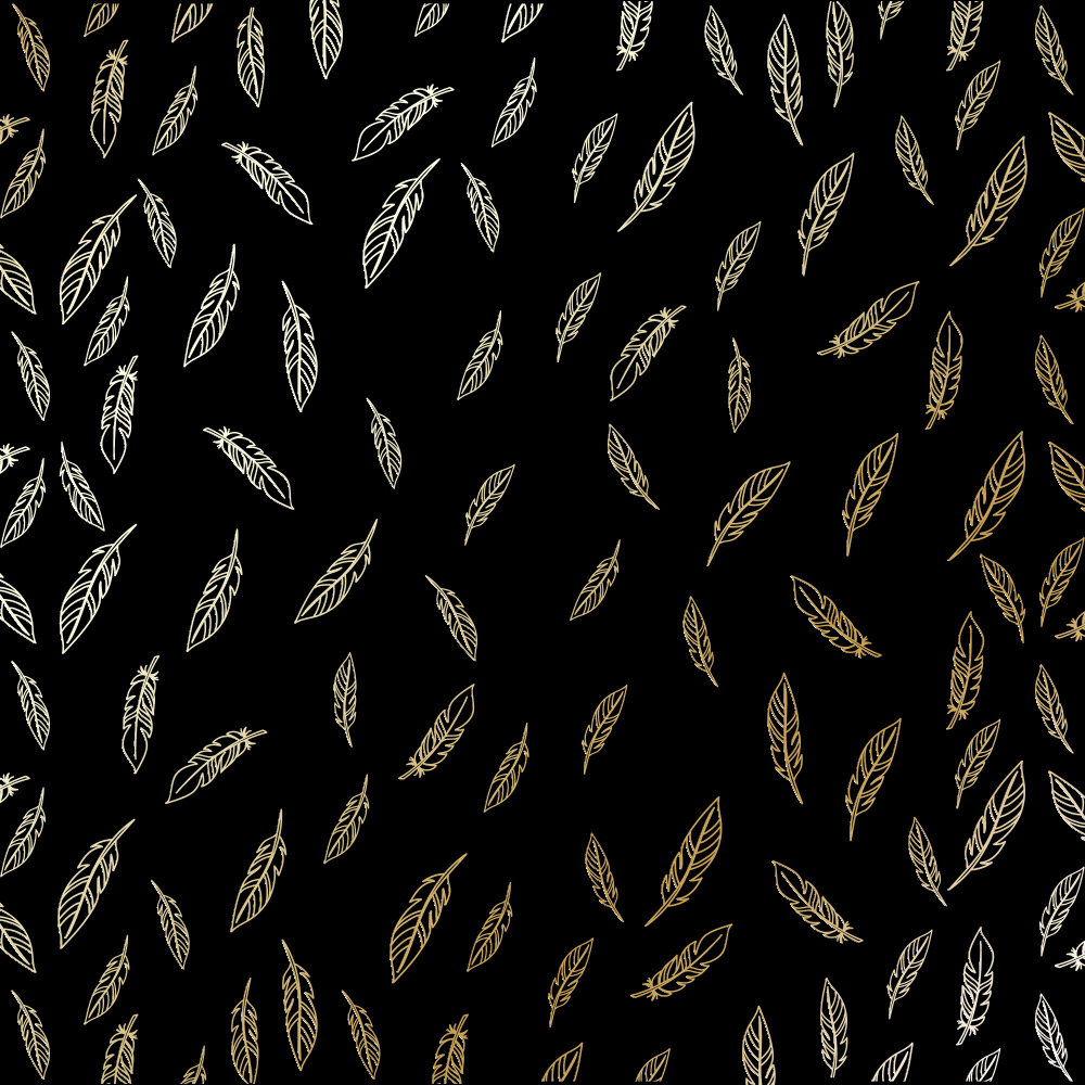 Sheet of single-sided paper with gold foil embossing, pattern Golden Feather Black, 12"x12"
