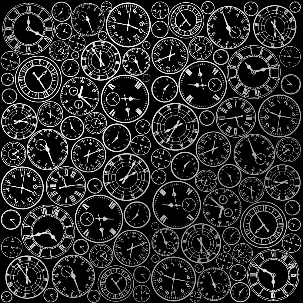 Einseitig bedrucktes Blatt Papier mit Silberfolie, Muster Silver Clocks Black 12"x12" - Fabrika Decoru