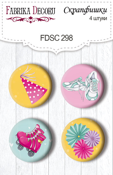 Set mit 4 Flair-Knöpfen zum Scrapbooking "Partygirl" #298 - Fabrika Decoru