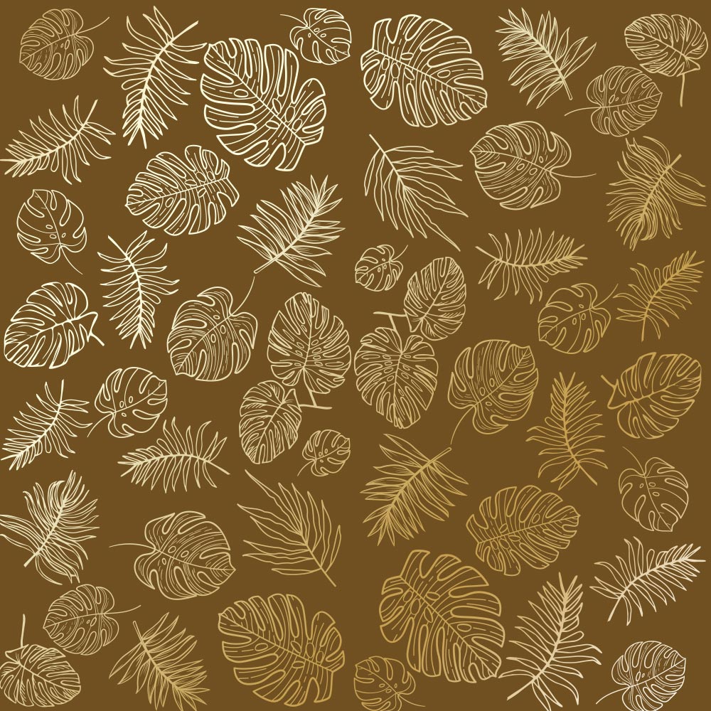 Blatt einseitig bedrucktes Papier mit Goldfolienprägung, Muster Golden Tropical Leaves, Farbe Milchschokolade, 12"x12" - Fabrika Decoru
