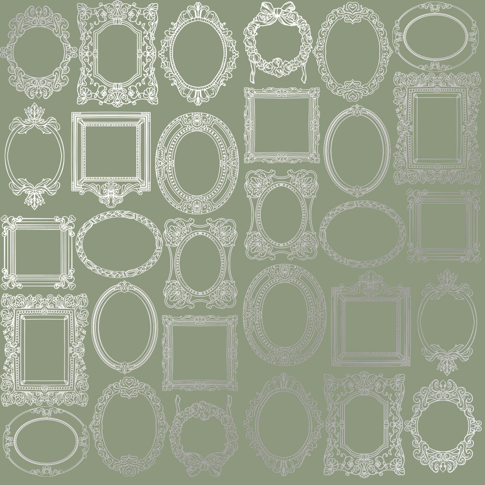 лист односторонней бумаги с серебряным тиснением, дизайн silver frames olive, 30,5см х 30,5см