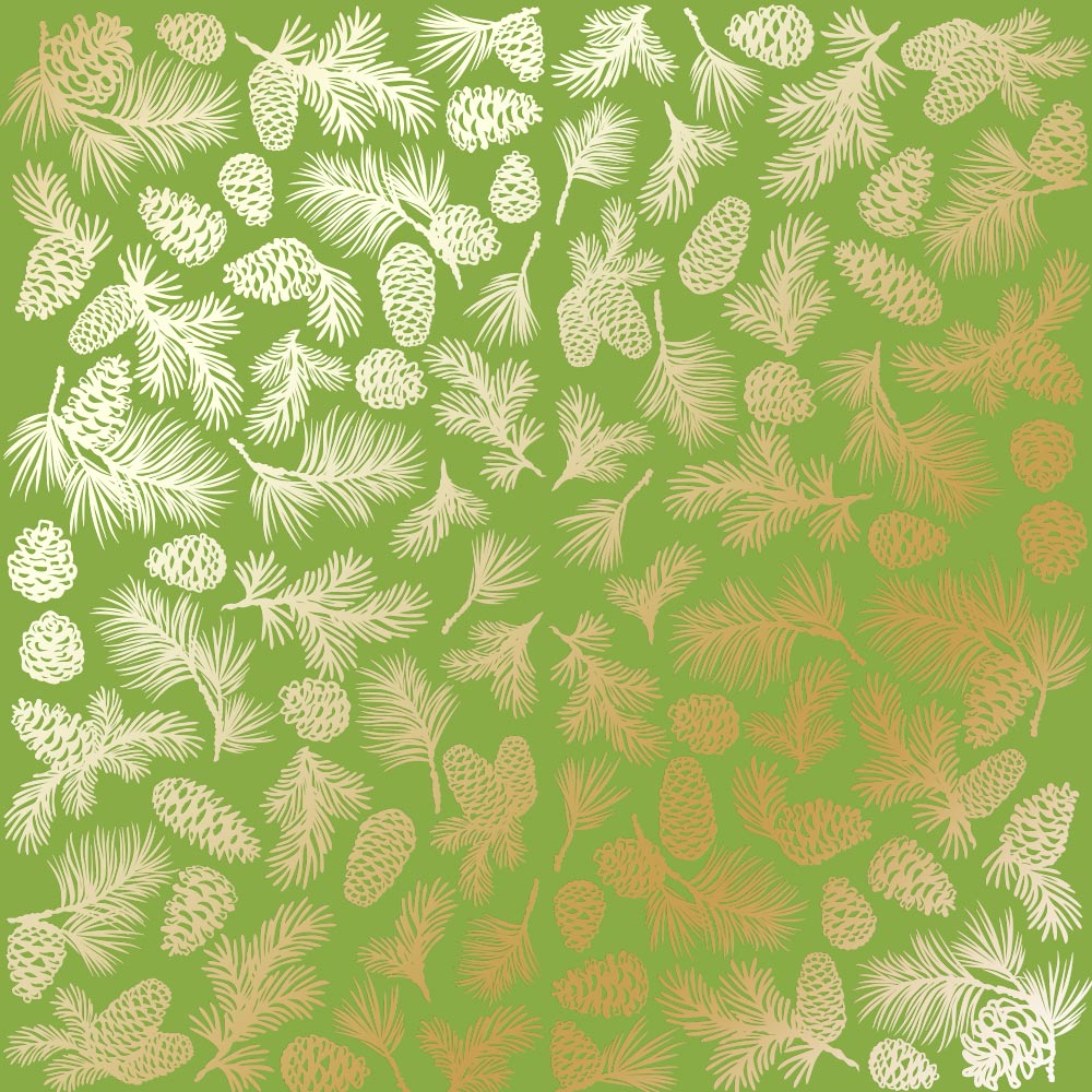 лист односторонней бумаги с фольгированием, дизайн golden pine cones bright green, 30,5см х 30,5см