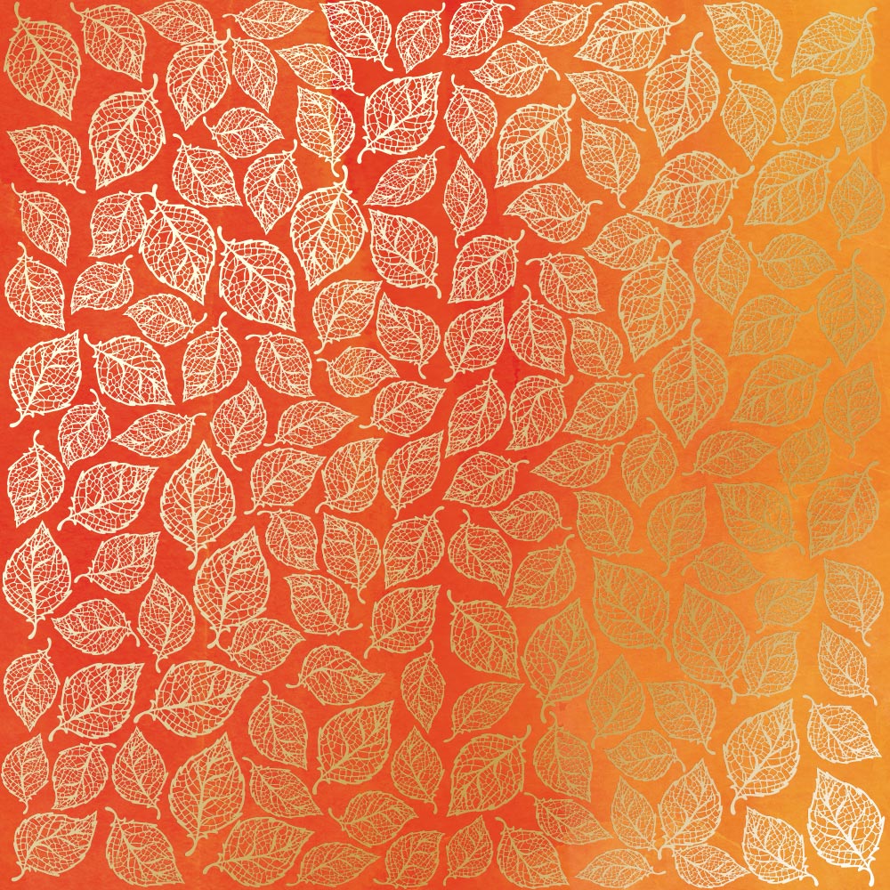Sheet of single-sided paper with gold foil embossing, pattern Golden Leaves mini, color Yellow-orange aquarelle