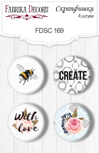 Set mit 4 Flair-Buttons zum Scrapbooking "With love" #169 - Fabrika Decoru