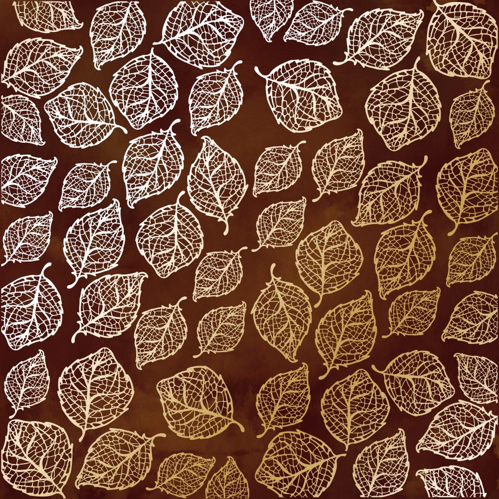 Blatt einseitig bedrucktes Papier mit Goldfolienprägung, Muster Golden Delicate Leaves, Farbe Braun Aquarell, 12"x12" - Fabrika Decoru