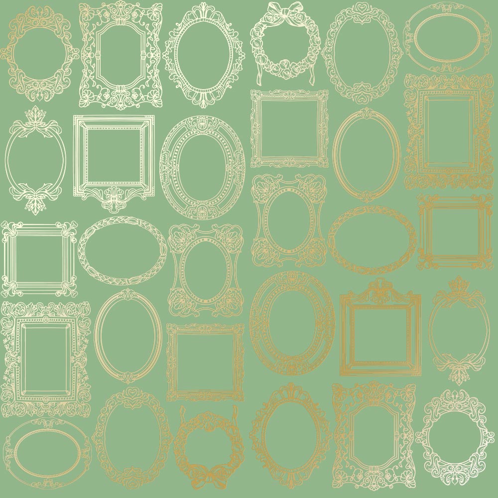 лист односторонней бумаги с фольгированием, дизайн golden frames, color avocado, 30,5см х 30,5см