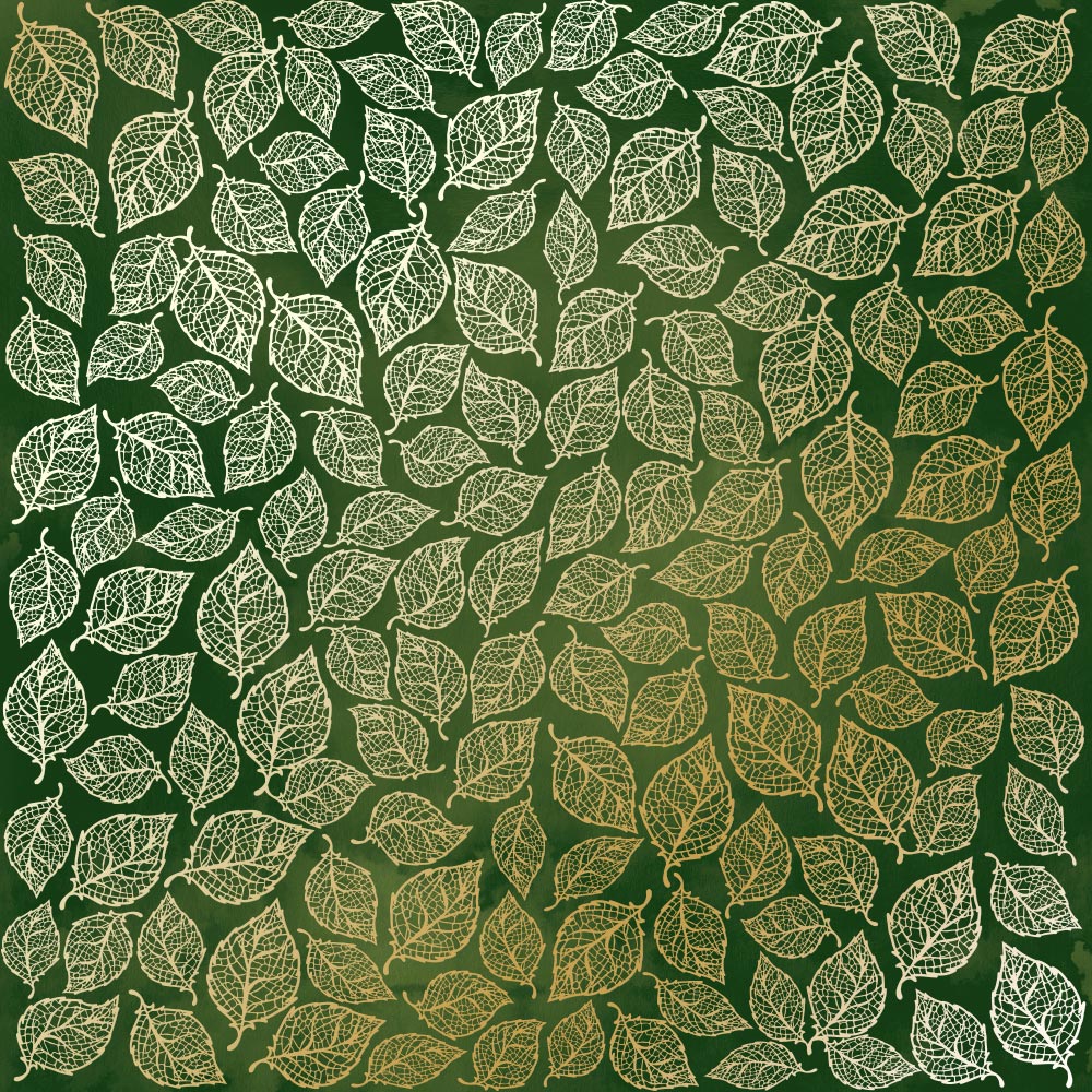 лист односторонней бумаги с фольгированием, дизайн golden leaves mini green aquarelle, 30,5см х 30,5см