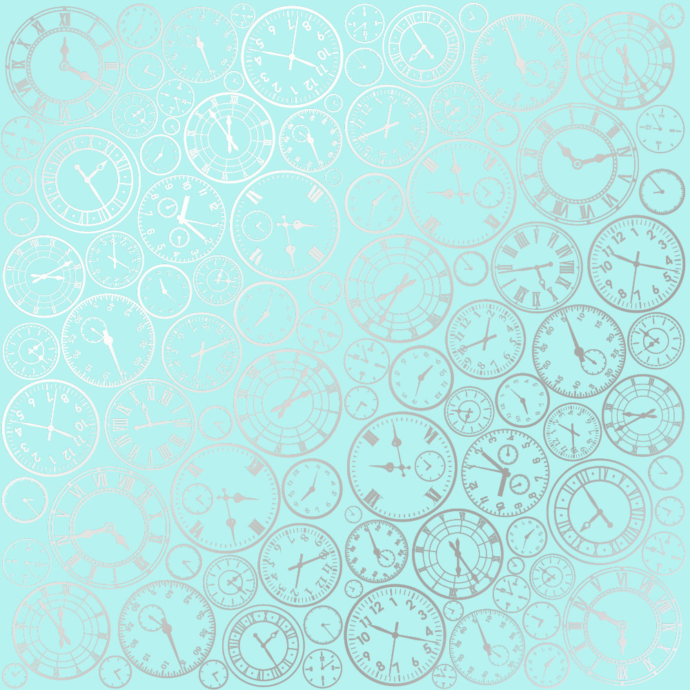 Sheet of single-sided paper embossed with silver foil, pattern Silver Clocks Turquoise 12"x12" 