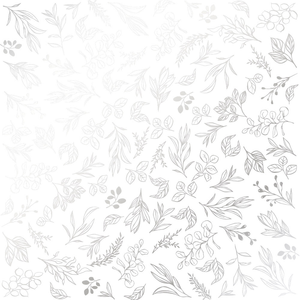 Sheet of single-sided paper embossed with silver foil, pattern Silver Branches White 12"x12" 