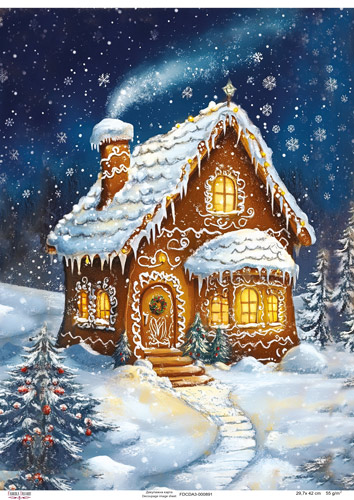 Decoupage Card "Gingerbread House at Night", #0891, 29.7x42cm