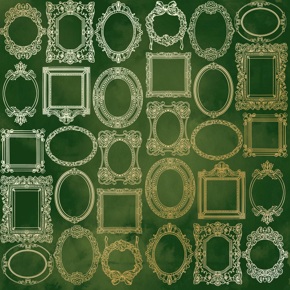 Einseitig bedruckter Papierbogen mit Goldfolienprägung, Muster "Goldrahmen, Farbe Grün Aquarell" - Fabrika Decoru