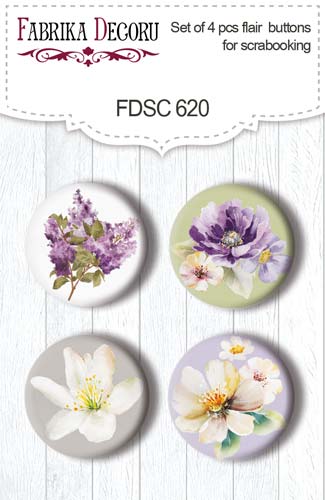 Set mit 4 Flair-Buttons zum Scrapbooking, Floral Sentiments, #620 - Fabrika Decoru