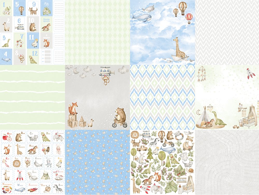 Double-sided scrapbooking paper set Boho baby boy  12"x12", 10 sheets - foto 0