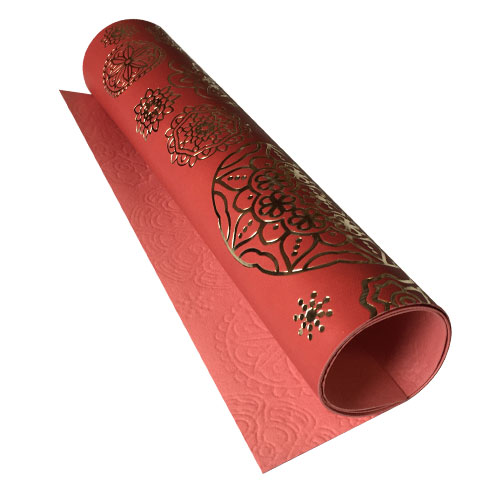 Piece of PU leather with gold stamping, pattern Golden Napkins Red, 50cm x 25cm