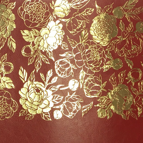 Piece of PU leather for bookbinding with gold pattern Golden Peony Passion, color Wine red, 50cm x 25cm - foto 1