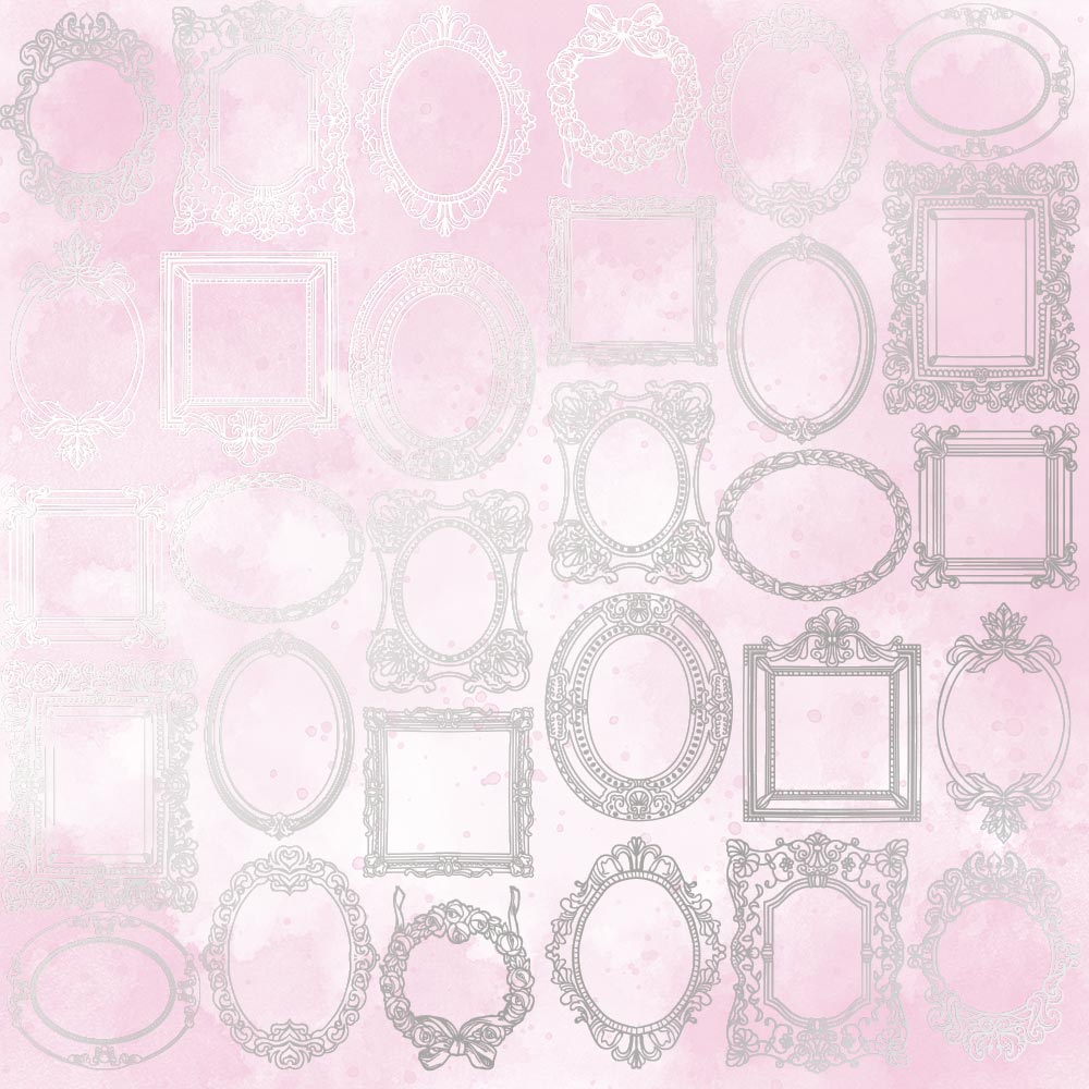 Einseitig bedrucktes Blatt Papier mit Silberfolie, Muster Silberrahmen, Farbe Pink Shabby Aquarell 12"x12" - Fabrika Decoru
